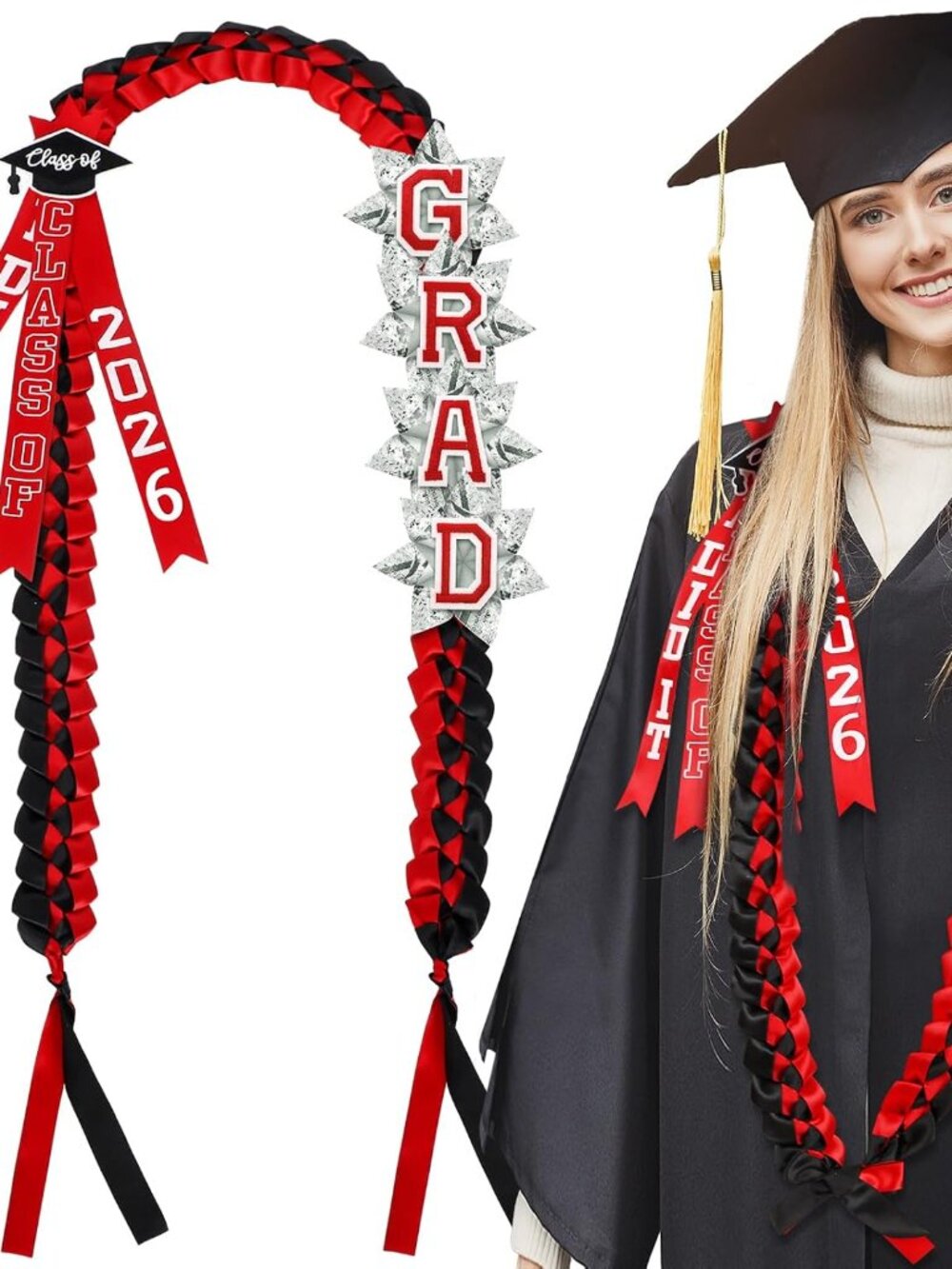 63'' Graduation Ribbon Lei Necklace Class of 2026, Handmade Double Braided Money
